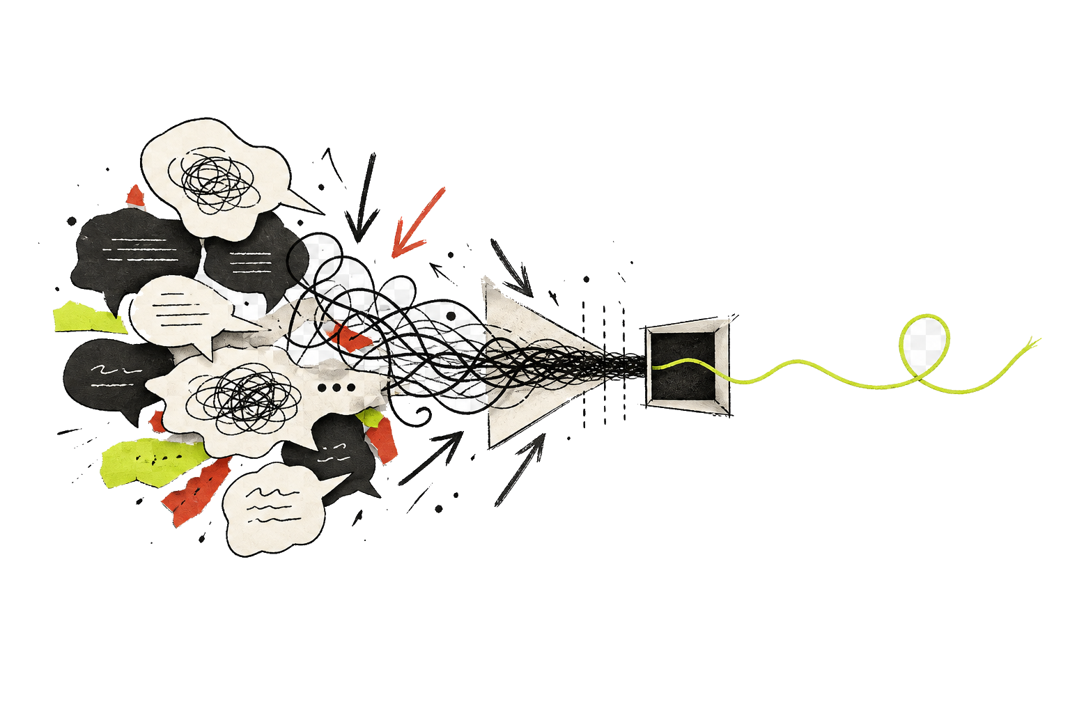 Hand-drawn abstraction of tangled arguments narrowing into a clear thread
